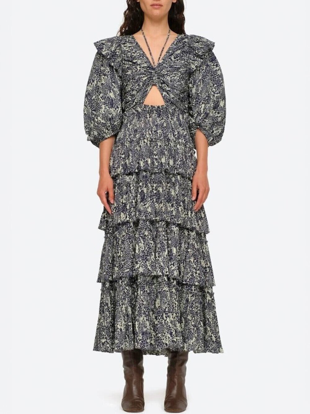 Sea New York Priya Tiered Floral Puff Sleevel Midi Dress Size M